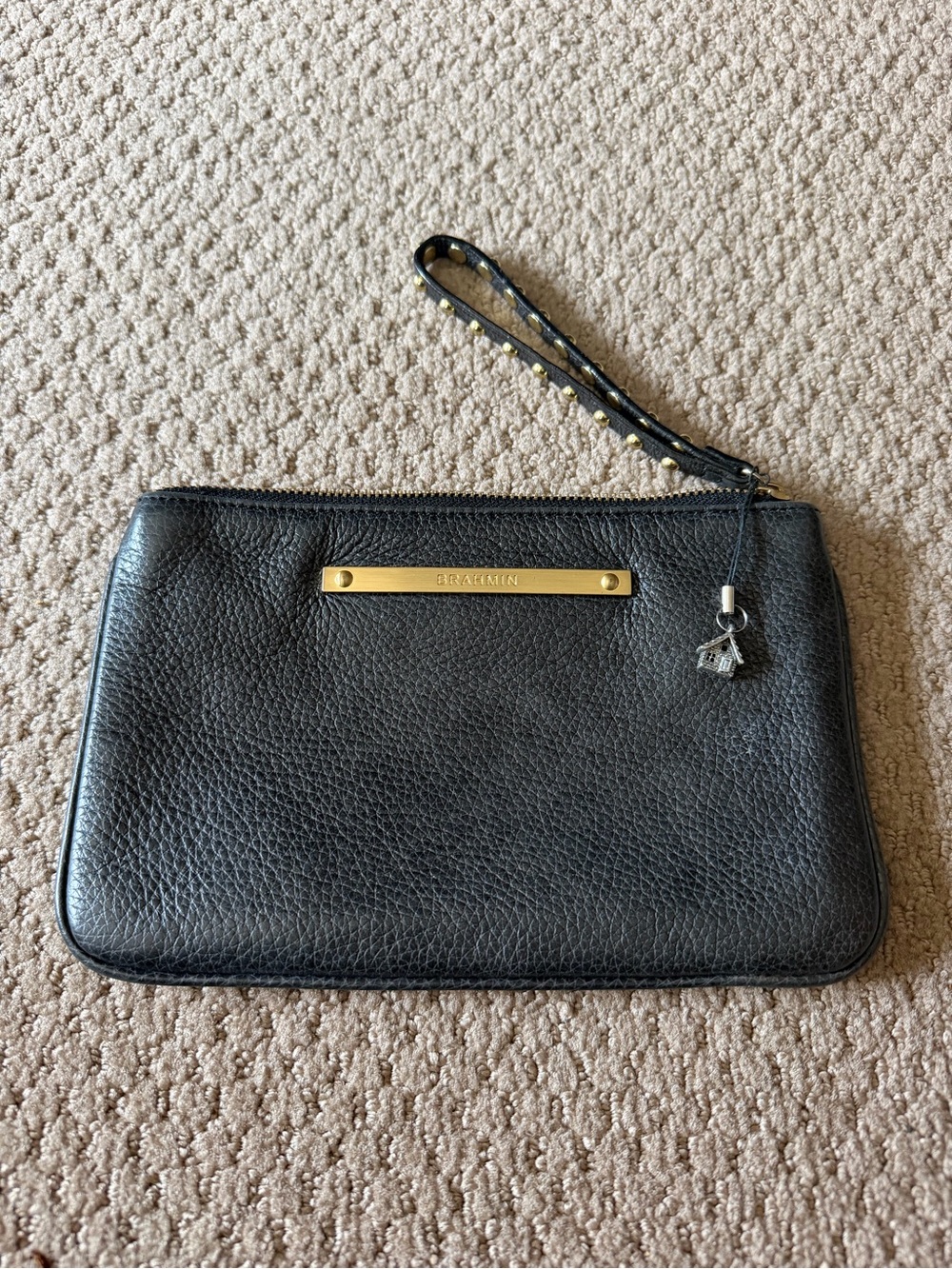 Brahmin Black Pebbled Leather Wristlet with Gold Hardware